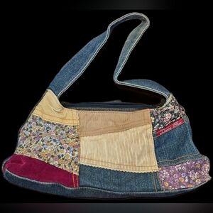 Denim Blues Women's Small Y2K Denim Handbag w/ floral print & Velour Patchwork